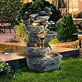 MAGIC UNION 5-Tier Cascading Rock Birds Water Fountain, 26" H Outdoor Freestanding Fountain with LED Lights and Pump, Outdoor Garden Waterfall Decor for Patio, Yard and Deck Decor, Natural Stone Look
