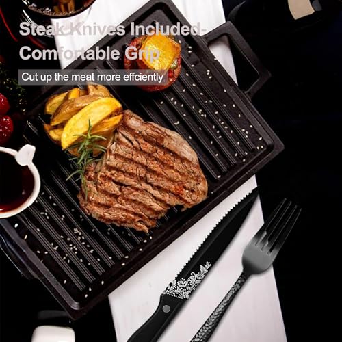 48-Piece Black Hammered Silverware Set for 8, Stainless Steel Flatware Set with Steak Knives, Mirror Polished Tableware Cutlery Set, Include Forks Spoons and Knives Set, Dishwasher Safe - Image 5