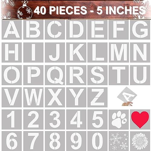 5 Inch Letter Stencils and Number Stencils for Painting - 40 Pcs Alphabet Stencils for Crafts Reusable –Large Stencil Letters for Wood, Walls, Fabric, Rock, Chalkboard, Signage DIY School Art Projects