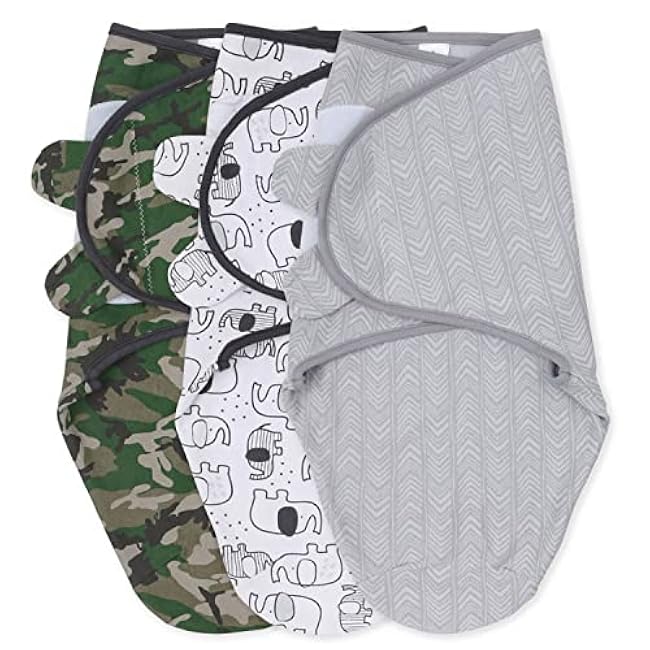 The Peanutshell Swaddle Set for Baby Boys - Camo & Elephant - 3 Pack (Small/Medium | 0-3 Months)