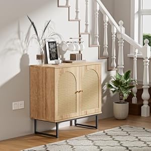 Sideboard Buffet Cabinet with Rattan Doors Rattan Buffet Bar Cabinet Boho Credenza Cabinet with Metal Legs for Living Room Hallway Entryway Natural