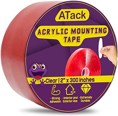 ATack Double-Sided Acrylic Mounting Tape Removable, Clear, 2-inch x 300-Inch, Waterproof Indoor and Exterior Double Sides Brick Mounting Tape