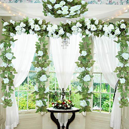 Hebe 4 Pack (29.8 Ft) Artificial Rose Vine Flowers Plants Realistic Silk Fake Flowers Garland Hanging Baskets Rose Ivy For Home Ceremony Wedding Arch Garden Indoor Outdoor Decor,Milk White #TOP1