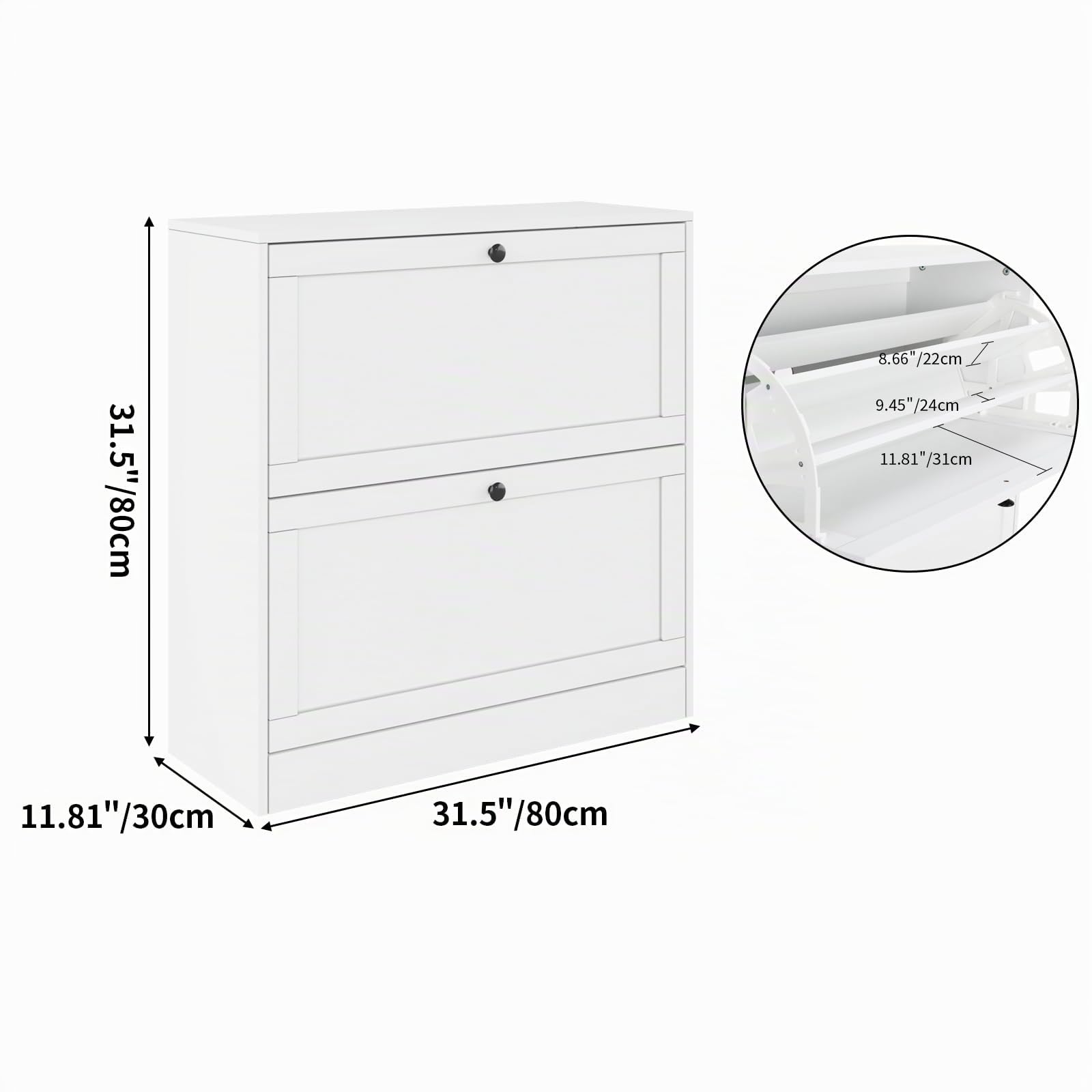 VOWNER Scarpiera Portascarpe in Legno, Scarpiera Slim, Ingresso, Regolabili, con 2 Ante a Ribalta e Tripla Profondita, 80x80x30 cm (LxAxP), per Ingresso Casa, Bianco