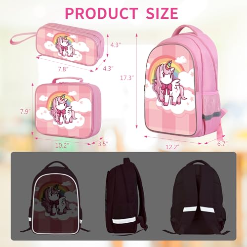 Bow Unicorn Backpack for Girls 3-in-1 Set with Lunch Box & Pencil Case, Pink Rainbow Princess School Bag for Kids Teens Elementary to Middle School, Cute Bookbag Travel BackPack for Ages 6-18-A2