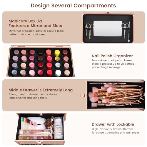 Makeup Train Case Professional Makeup Organizer Case with Drawer Mirror Extra Large Makeup Manicure Accessory with Dividers Travel Cosmetic Case for Cosmetologist Nail Tech Kits Makeup Case Rose Gold