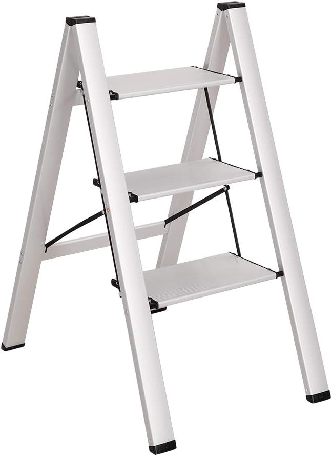 BAOYOUNI 3 Step Ladder Lightweight Folding Aluminum Step Stool Heavy Duty Stepladders Storage Shelf Rack with Anti-Slip Wide Pedal for Household, Office, Plant Pots Displaying – Silver