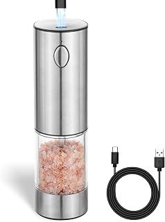 Elektrische Salz- und Pfeffermühle, Stufenlos einstellbarer Keramikmahlwerk aus Edelstahl, wiederaufladbar per USB, mit Bürste und Sichtfenster, Silber