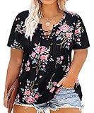 CARCOS Plus Size Lace Up Tops for Women 3X Short Sleeve Floral T Shirts V Neck Black Blouses Casual Loose Fit Criss Cross Flower Tunics for Summer 3XL 22W 24W