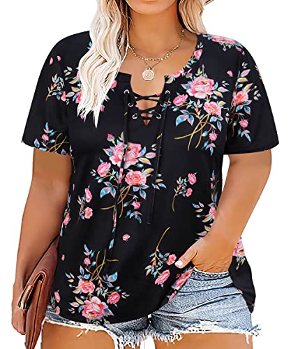 Image of CARCOS Womens Plus Size Tops Short Sleeve Shirts V Neck Tunic Floral /Tie Dye /Solid Summer Tees XL-5X