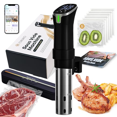 CRUXO 1100W Sous Vide Cooker Kit With App Control, Immersion Circulator, LED Display, Touch Panel, Vacuum Sealer & 10 Sealing Bags | Suvee Sous Vide Machine For Precise Cooking, Smart Thermal Cooker
