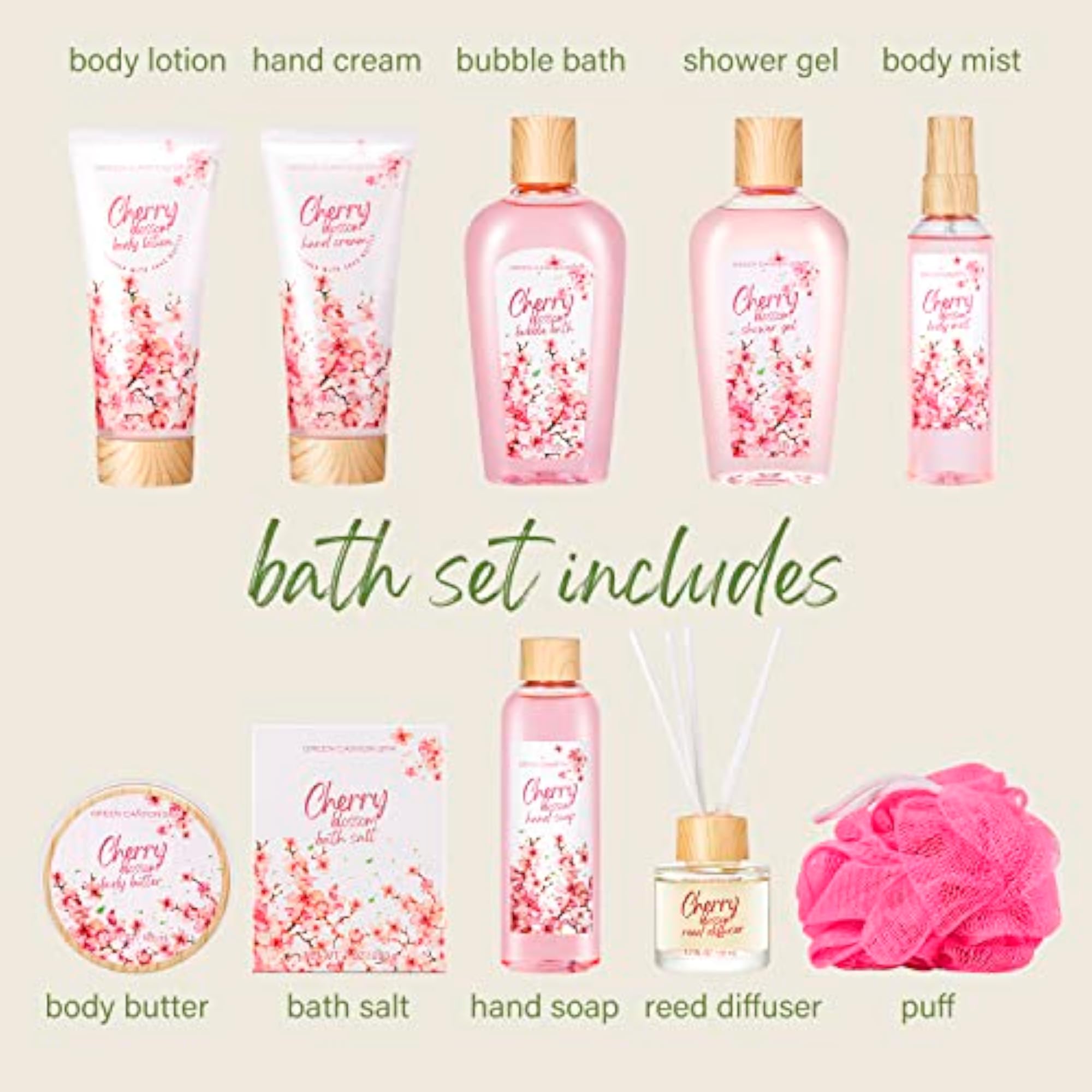 Luxury 11pc Bath Gift Set with Cherry Blossom Scent