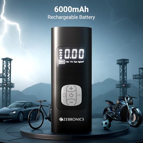 Image of ZEBRONICS 19TI6, Tyre Inflator, 150 PSI, 6000mAh, Super Fast Inflation, Power Bank Function, Type-C, Included 12V Car Adapter, Wired & Wireless Mode, SOS Mode, Flashlight, for Car | Bike | Bicycle
