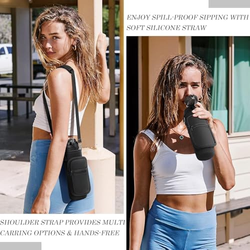 Image of Fimibuke 32 oz Water Bottle with Sleeve - BPA Free Leakproof Sport Large 1L Plastic Motivational Water Bottle with Straw & Strap & Insulated Neoprene Holder Carrier Bag for Women Men(A1.Black)