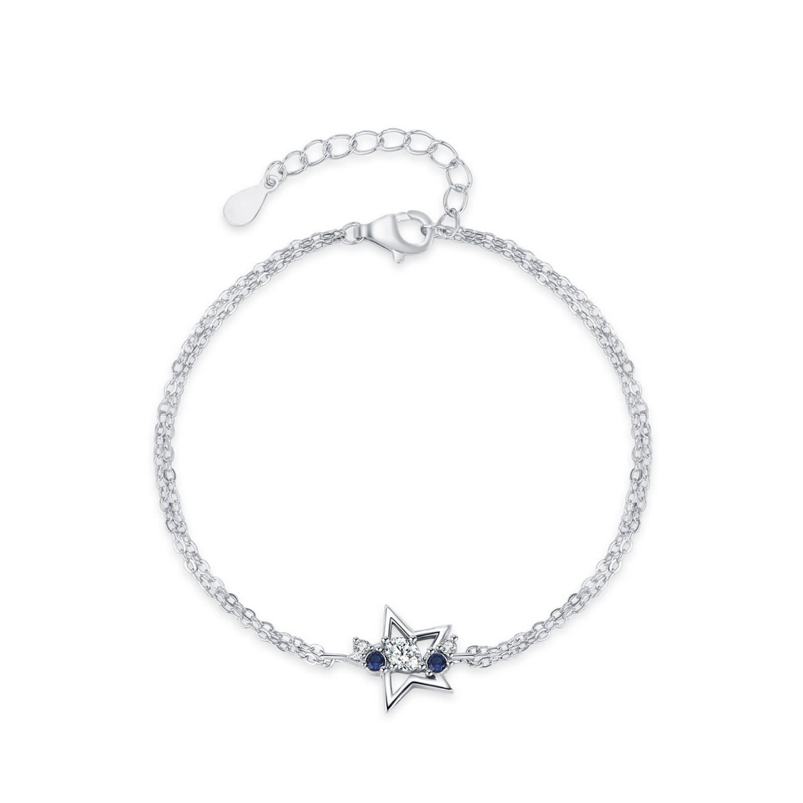 Bracelets en or blanc 9 K/14 K/18 K pour femme, chaîne double couche, bracelet à maillons en forme d'étoile pour femme avec diamant véritable bijoux en or blanc, au 375/585/750 avec saphir