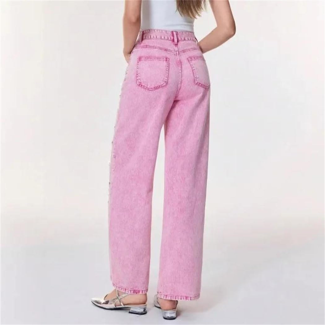 Women Washed Denim Straight Leg High Waist Long Pants Pearl Embellished Casual Comfort Jeans for Daily Wear