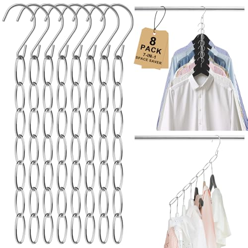 Space Saving Hangers 8 Pack, Premium Metal Cascading Hanger Organizer with 7 Holes for Most Clothes, Durable Closet Storage Solution, Wrinkle-Reducing for Dorm & Home Essentials