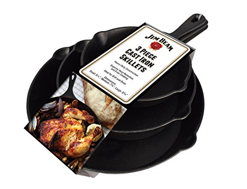 Jim Beam Hea Set Of 3 Pre Seasoned Cast Iron Skillets With Even Distribution And Heat Retention-6" 8" 10", 10'', Black #TOP4