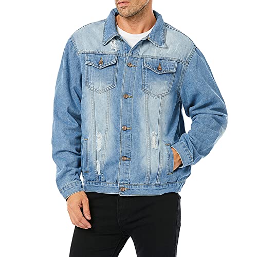 LONGBIDA Men's Jean Jacket Ripped Distressed Denim Trucker Coat with Holes4