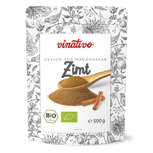 vinativo Zimt BIO – Ceylon aus Madagaskar – 500g – Pulver – fein gemahlen und schonend getrocknet– bio Rohkost-Qualität – zum Backen oder Würzen – aus kontrolliert biologischem Anbau