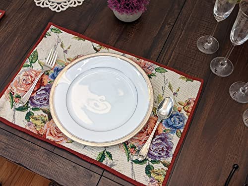 Dada Bedding Vintage Romantic Roses Floral Dining Table Placemats - Set Of 4-Pieces Tapestry Lovely Valentine Blossoms Spring Summer Garden - Decorative Linen Woven Kitchen Mats - 13” X 19” (879) #TOP5