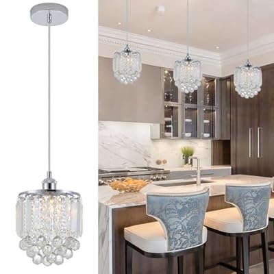 Sheenkarion 1 Pack Decorative Crystal Pendant Light,Chrome Crystal Chandelier Pendant Lighting for Kitchen Island Dining Room Living Room Bar Lighting Fixture,Cord Adjustable Hanging Pendant Lamp