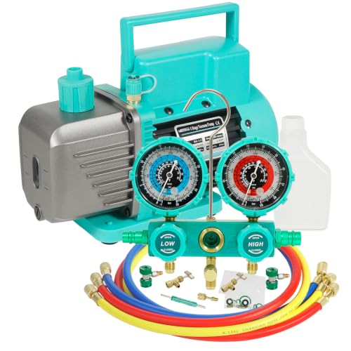 Bomba de vacío VECOTOOLS 4.5CFM 1/3HP con juego de manómetro de aluminio de 3 vías para R134A R410A R22 R404A, Kit de servicio de refrigerante HVAC con acopladores rápidos y mangueras de 4 pies para mantenimiento automotriz y HVAC miniatura 1