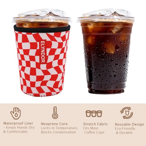 Image of Reusable Insulated Sleeve for Iced Coffee Cup, Coffee Neoprene Sleeve for Cold & Hot Drinks, Beverage Holder for Iced Coffee (Red Wavy Checker, Small: 16-18oz)