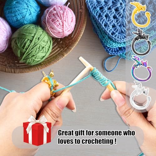 Image of HUISUYTON Dragon Crochet Rings, 4Pcs Crochet Tension Rings, Adjustable Yarn Ring for Finger, Knitting Crochets Loop Ring for Women Mother Grandma Gifts