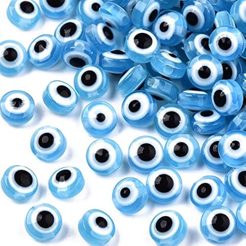 Crafans 100Pcs Resin Beads with Evil Eye 6mm Light Sky Blue Flat Round Evil Eye Beads Round Evil Eye Loose Spacer Beads Cover