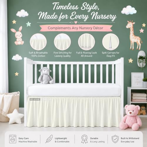 Image of Crib Bed Skirt Dust Ruffle with Split Corners Cotton, 14 inch Drop, Ivory | Nursery Standard Crib Bedding Bed Skirt for Baby Boys and Baby Girls. Hides Under-Crib Storage for a Neat Appearance