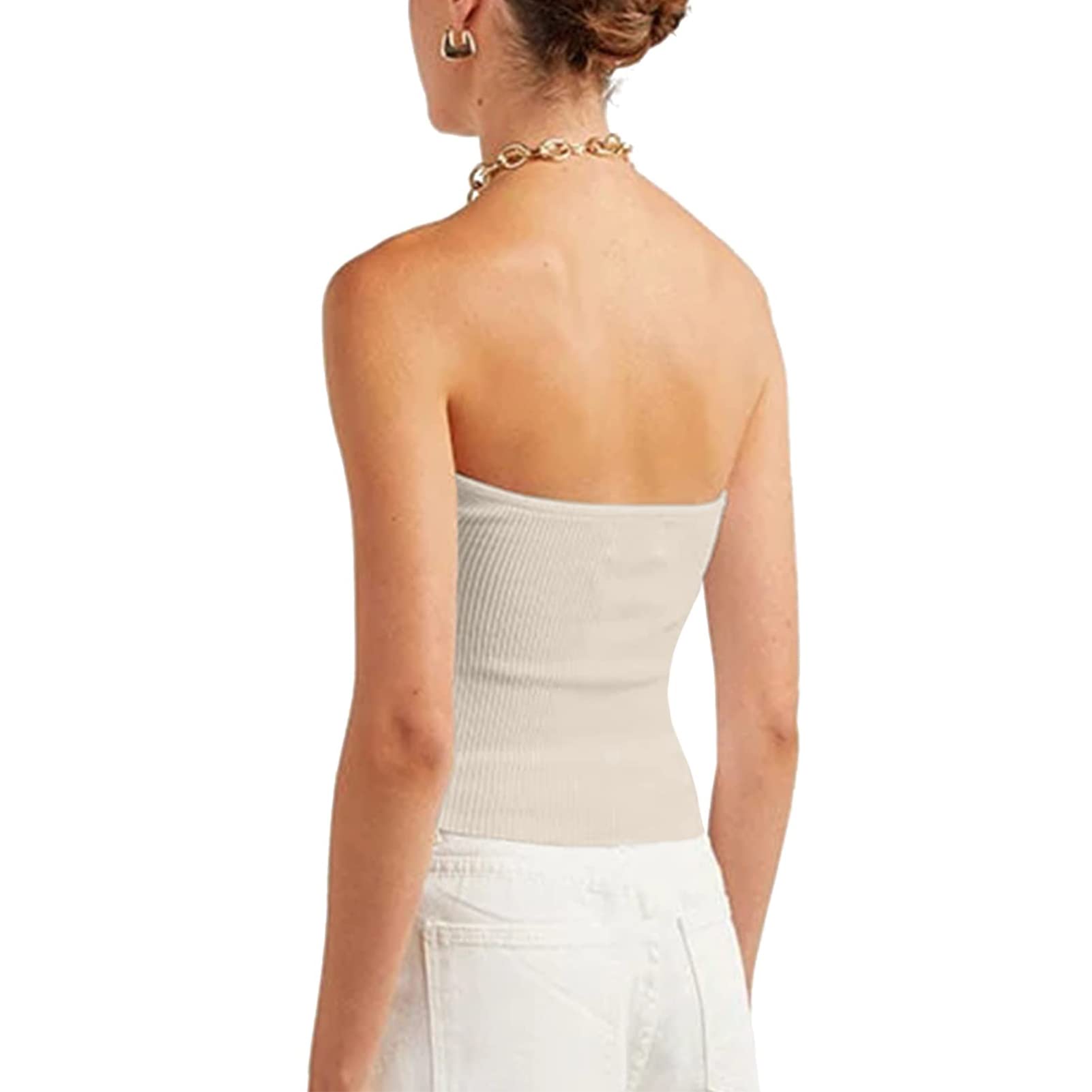 Top a Fascia Estivo da Donna Senza Spalline Senza Maniche al Largo della Spalla Top a Costine a Pieghe in Maglia Sexy Camicetta Canotte Party Top Corti Crop Top Tunica(S-Albicocca)