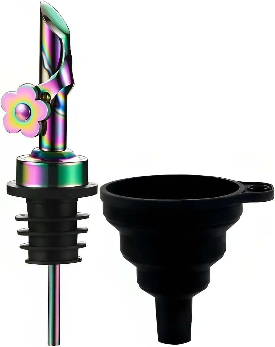 Stainless Steel Olive Oil Spout & Collapsible Funnel Kitchen Set, Auto Flip lid Speed Liquor Pour Spout, Suitable About 1.7/2.7cm Bottle Mouth, for Liquor Bottles Oil Bottles and Other Liquid Bottles.