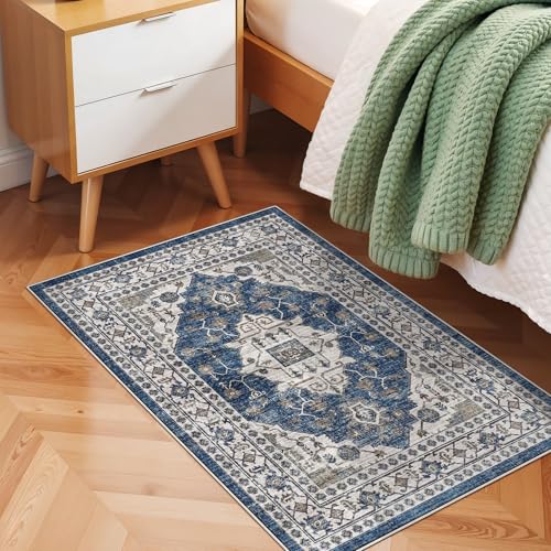 2x3 Washable Vintage Area Rug: Indoor Soft Entryway Rug with Non Slip Backing Water Resistant Carpet for Kitchen Bathroom Laundry Low Pile Door Mat Perfect for Homes with Cats & Dogs(2x3,Blue)