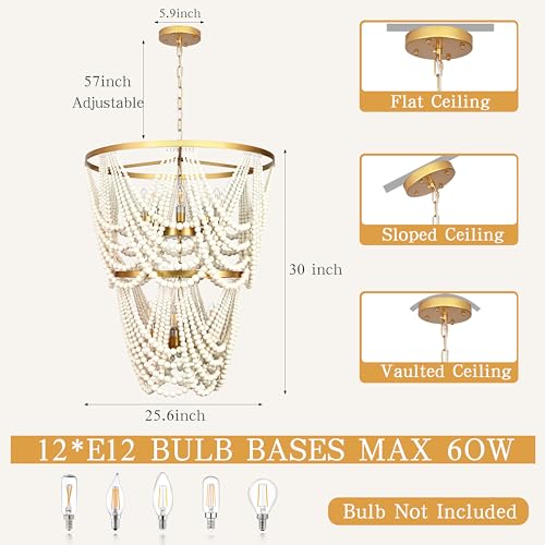 AyshwillDec 12-Light 25.6" Boho Wood Beaded Chandelier for Living Room, H88 Adjustable 2-Tier Gold Large Boho Chandelier for Entryway, Dimmable Coastal Chandeliers for Bedroom Foyer Staircase - Image 4