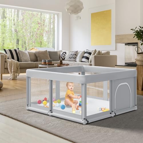 Image of Fshibila 50" ×50" Baby Playpen, Baby Playard for Babies and Toddlers, BabyFence Play Pens for Indoor & Outdoor, Sturdy Safety Play Yard with Soft Breathable Mesh, Anti-Fall, Grey