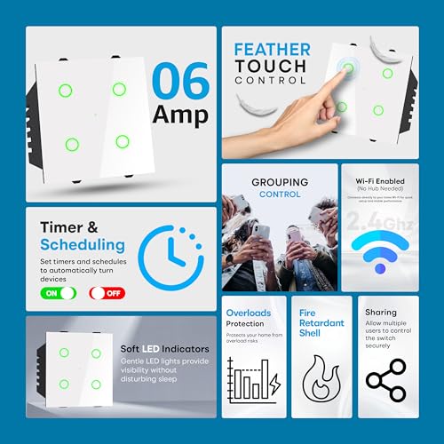 Image of SmartLife Modular 4 Gang Touch Smart Switch (White) | WiFi + BLE | Premium Glass Finish | Compatible with Alexa, Google Assistant, HA, IFTTT & SmartLife App | Fits Roma & Similar Plates