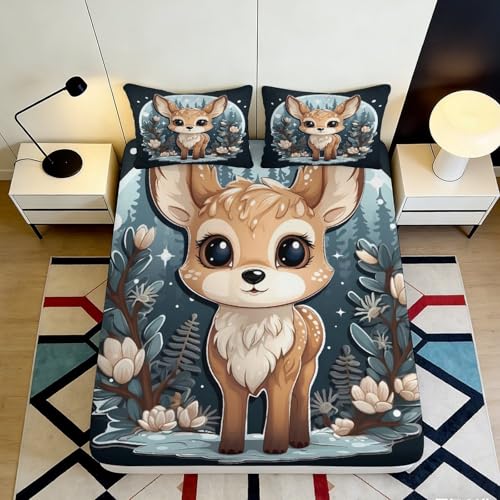 Drap-Housse imprimé 3D cerf Mignon Microfibre Profondeur Poche Antidérapant Linge de lit Cerf Mattress Fitted Cover 90x200x25cm