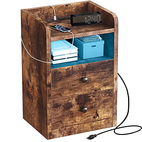La Mejor Recopilación de Buro Madera al mejor precio. 44 HOMELYA Mesa de Noche - Buros para Recamara de Madera Rustico y Estación De Carga de 2 enchufes y 2 Puertos USB - 2 estantes y 2 cajones - con luz LED RGB