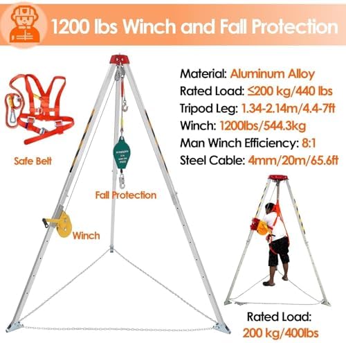 Aluminum Fall Arrest Tripod Kit - Confined Space Rescue System with 1200LBS/1800LBS/2600LBS Winch for Manhole, Tunneling, Cable Trench and Sewage Wells