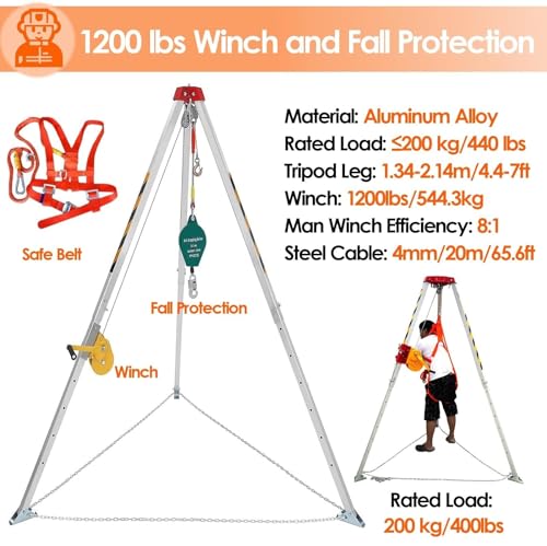 Kit de Protection antichute pour trépied en Aluminium - Système de Sauvetage Robuste pour espaces confinés, capacité de 1 200 à 2 600 LB, treuil Inclus, idéal pour Les Regards et l