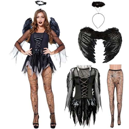 Halloween Disfraz Demonio, Alas y Aureola de Angel Negro, Disfraz de Diablo Angel Negro Caido, Disfraces de Halloween Mujer, Disfraz de Vampiro Adulto para Halloween, Carnaval, Cosplay y Fiesta (XL)