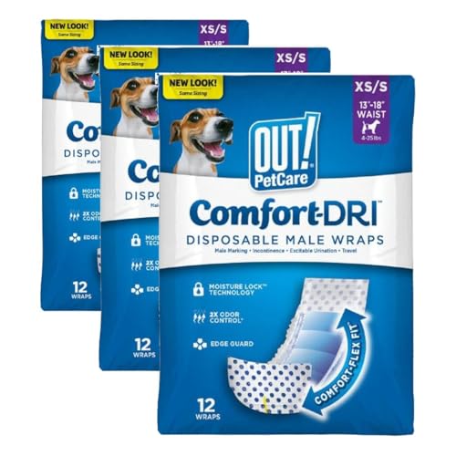 Image of OUT! PetCare Disposable Dog Diapers Male, Puppy Belly Band, Potty Training, Doggie Diapers, Belly Bands for Male Dogs, Puppy Training, Adjustable Fasteners, Incontinence, (XS /S, 12ct) (Pack of 3)