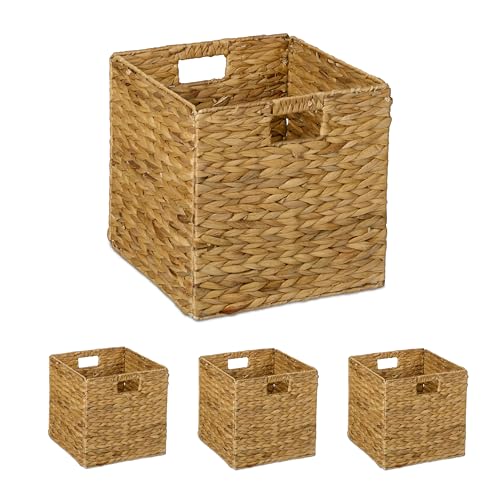 Relaxdays Cesta Almacenaje, Set de 4, Jacinto de Agua, Ropa, Juguetes, 30x30x30 cm, Cestita Trenzada Estantería, Natural