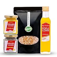 Hopser Food Fun Partyset 500g Popcornmais,250ml Popcornöl mit Butteraroma,150g Popcorn-Zucker Vanille und 150g Karamellzucker Popcornset für Popcornmaschine