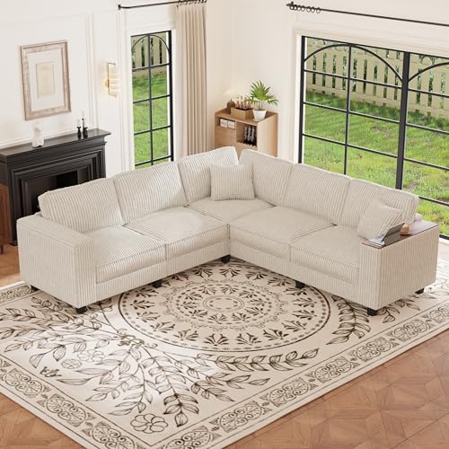 Image of 97 inch L Shaped Sectional Couch, Comfy Corduroy Sectional Couch, Modular Convertible V Shaped Couch, 5 Seat Corner Sofa with 2 Pillows & Storage Armrests for Living Room, Beige