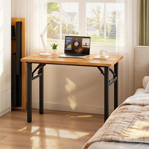 Image of Need 35.8 Inch Folding Desk for Small Spaces, Home Office Computer Desk with Teak Wood Top & Black Frame, Foldable Writing Table for Study, Bedroom, Dorm Room & Student
