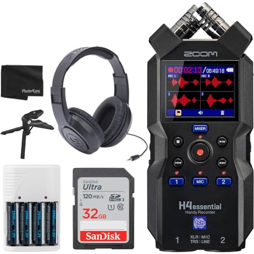 Zoom H4essential Handy Recorder Bundle with 32GB Memory Card, Over-Ear Stereo Headphones, 4 AA Batteries & White Charger, and Accessories