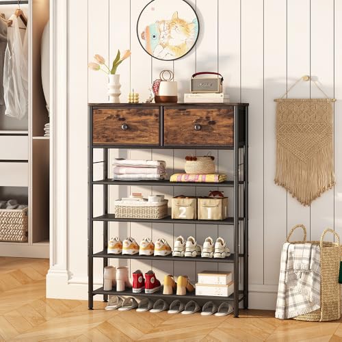 Image of INGIORDAR Shoe Rack Organizer 5 Tier Metal Organizer Shelf with Industrial MDF Board and Layer Fabric for Entryway Closet Bedroom Living Room Garage (Black+Rustic Brown, 5 Tier with 2 Drawers)