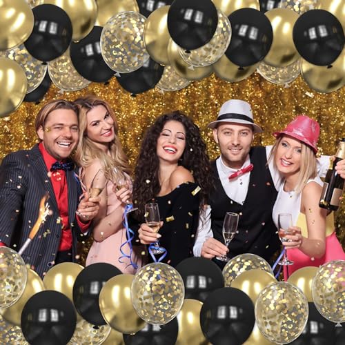 Image of Black and Gold Balloons, 60PCS 12 Inch Gold and Black Confetti Balloons, Gold Latex Balloons for Birthday New Year Wedding Graduation